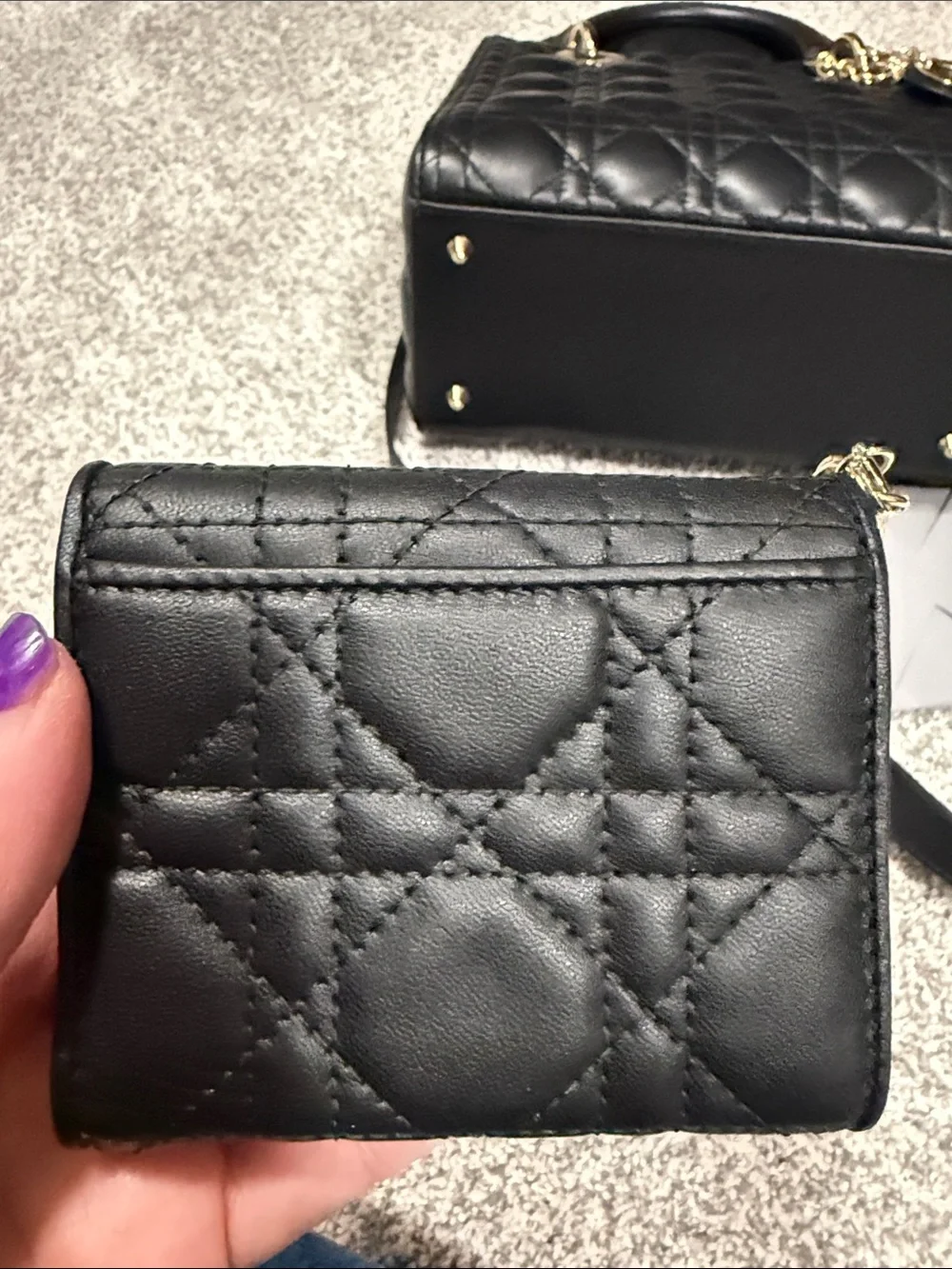 Dior Black Quilted Leather Top-Handle Bag with Gold Hardware and matching wallet